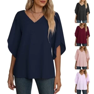 Women V Neck T Shirt Mid-length Sleeve Blouse Casual T-shirt Female Streetwear - Picture 1 of 32