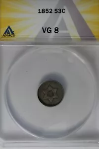 1852 .03 ANACS VG 8 STAR AND SHIELD three cent (3c) piece, Trime - Picture 1 of 2