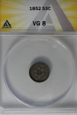 1852 .03 ANACS  VG 8    STAR AND SHIELD three cent (3c) piece, Trime - Image 1 of 2