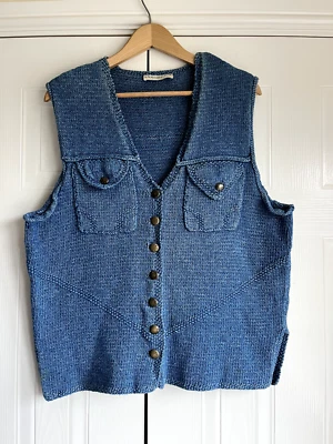 Vintage Annabel Fox Hand Knitted Denim Cotton Rowan Vest Sleeveless Cardigan ML - Image 1 of 4