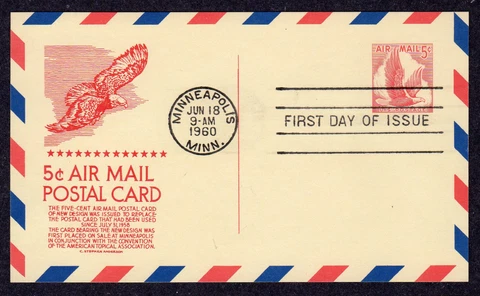 1960 5c Eagle Bordered Airmail Postal Card (UXC3) - Red Anderson FDC MT332/MT794 Cover