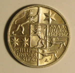 1927 A Germany 3 Reichsmark (University in Marburg) Silver KM#53 - Picture 1 of 2