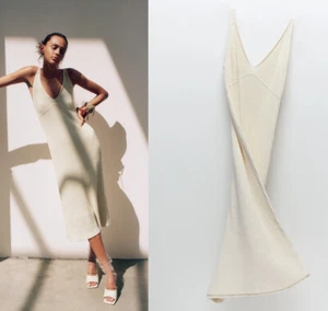 VESTIDO DE PUNTO ZARA MIDI CREMA BEIGE COSTILLA TEJIDO VESTIDO SLIP - Imagen 1 de 7