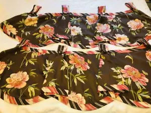 2 Williamsburg Cotton Valance Brown & Pink Botanical Flower Scalloped 18X45" - Picture 1 of 12