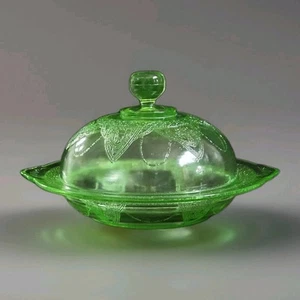 Georgian Lovebirds Butter Dish Green Uranium Federal Glass Vaseline Mint 1931 - Picture 1 of 19