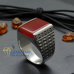 Blood Red Yemeni Aqeeq Ring, 925 Sterling Silver Natural Agate Ring, Shia Ring - Picture 1 of 4
