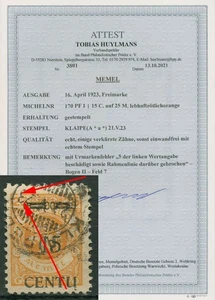 Memelgebiet 1923 Memel Plattenfehler 170 PF I gestempelt geprüft mit Fotoattest - Picture 1 of 1
