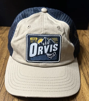 Sombrero de camionero Orvis de malla con cierre a presión caqui y azul parche logotipo pesca Foto 1 de 4