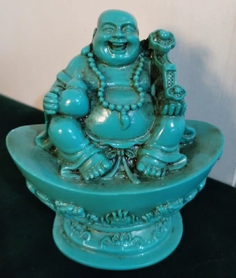 ESTATUA CHINA FENG SHUI TURQUESA DESCANSANDO "RISAS" MAITREYA BUDA Foto 1 de 4