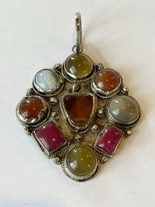 Vintage Boho Agate Carnelian Ruby Low Grade Silver Large Pendant Southwest 3.5” - Picture 1 of 5