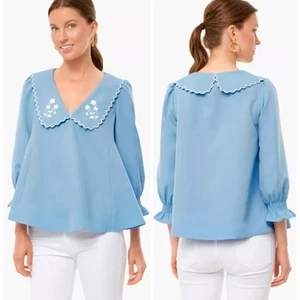 Tuckernuck Top Puff Sleeve Embroidered Easton Shirt Blouse Blue Women's Size L - Picture 1 of 8