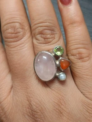 Anello in argento sterling 925 quarzo rosa corniola perla peridoto gemma... - Immagine 1 di 4