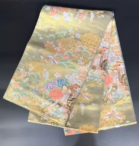 Japanese kimono Belt, Vintage Fukuro Obi with Gold Floral Cart Phoenix Pattern - Picture 1 of 10