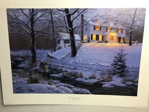 Darrell Bush The Homecoming Deer Suburban Winter Landscape Art Print Signed - Picture 1 of 8
