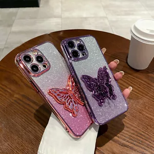 Butterfly Bracket Case For Various Phone Hot Plating Gel TPU Cover Bling Glitter - Picture 1 of 13