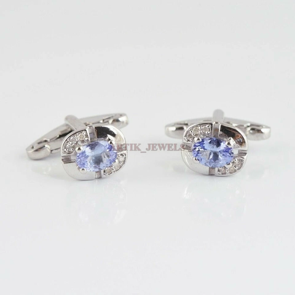 Natural Tanzanite & Diamond with 925 Sterling Silver Cufflink #2593 - Image 1 of 3