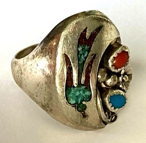 Peyote Bird Coral Turquoise JS Navajo Ring Sterling 925 Size 10.5 Heavy 23.7gr - Picture 1 of 12