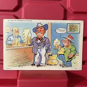 Mitglied der Bar Alkohol geteilt gewebte Leinen Postkarte unbenutzt Vintage 1940er - Bild 1 von 2