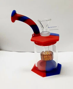 Tubo de silicona tubo de agua cuello doblado 5,5" con vidrio Perc 14 mm rojo/azul - Imagen 1 de 4