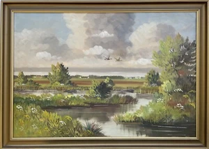 Gran pintura al óleo naturalista paisaje marino con patos en vuelo Dinamarca 107,5x77,5cm - Imagen 1 de 16