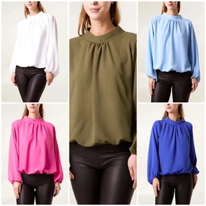 Neu Damen Frauen HOCHGESCHLOSSEN PUFFBALLÄRMEL BLUSE Langarm Oberteil kurze Oberteile - Bild 1 von 32