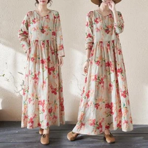 Maxi Vestido Suelto Manga Larga Cuello Redondo Estampado Floral Algodón Lino para Mujer - Imagen 1 de 26