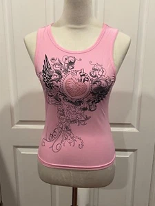 Women Tank Top Shirt Pink Glitter Wing Graphic Y2k Sz XL Black w/Heart - Picture 1 of 4