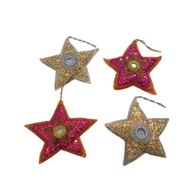 (4) Embroidered & Beaded Fabric Star Christmas Ornaments Gold Silver Pink Orange - Image 1 of 3
