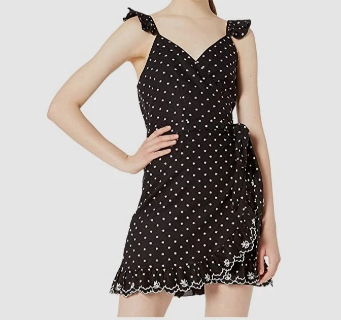 Wayf Women's Black Sleeveless Embroidered V-Neck Mini Wrap Dress Size S