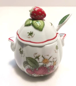 Lenox Orchard Porcelain Strawberry Jelly Jam Jar With Lid & Spoon Vintage 1991 - Picture 1 of 7