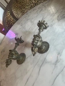 Pair Vintage Cast Bronze Torch ART DECO VICTORIAN Gothic Wall Candle Sconces - Picture 1 of 10