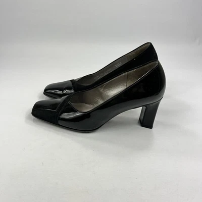 Tacones de corte Gabor para mujer de charol negro Reino Unido 4 con detalles de gamuza punta cuadrada Foto 1 de 4