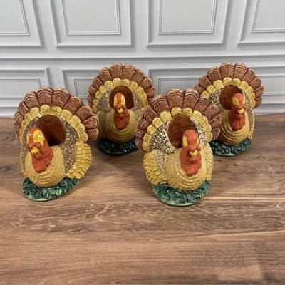Hand Painted 3.5" Ceramic Fall Harvest Turkey Taper Candlestick Holders Set of 4 - Image 1 of 4