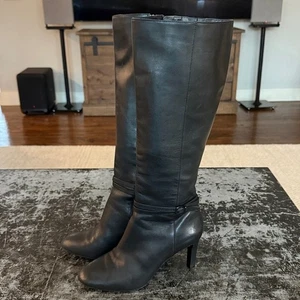 Antonio Melani Black Leather 3" Heel Tall Boots Size 7.5 - Picture 1 of 8