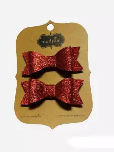 Mud Pie Set of 2 Red Glitter Bow Hair Clips 3" - Picture 1 of 1