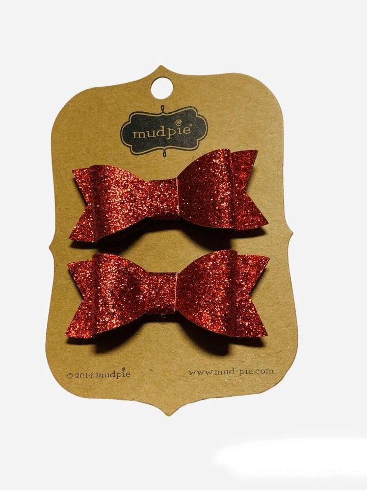 Mud Pie Set of 2 Red Glitter Bow Hair Clips 3" - Image 1 of 1