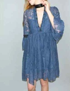 Free People Gilded Lace Victorian Mini Dress Dusty Blue Small P - Picture 1 of 15