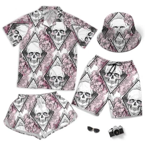 Human Skull With Peony Rose And Poppy Flowers Short Beach Men Women And Hawaiian - Picture 1 of 8