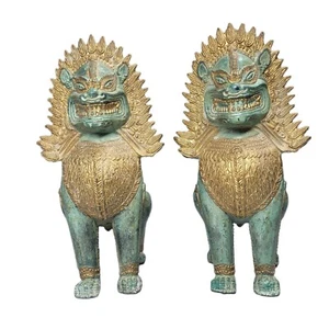 Vintage Foo Dog Lion Singha Temple Bronze Patina Asian Thai 8" Pair of Statues - Picture 1 of 8