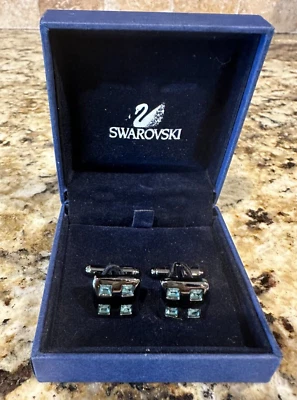 Vintage Pair Of  Swarovski Cufflinks Blue Checkerboard With Blue Box E21 - Image 1 of 4