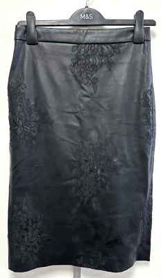 Zara S UK10 black faux leather with floral embroidery lined midi pencil skirt - Image 1 of 4