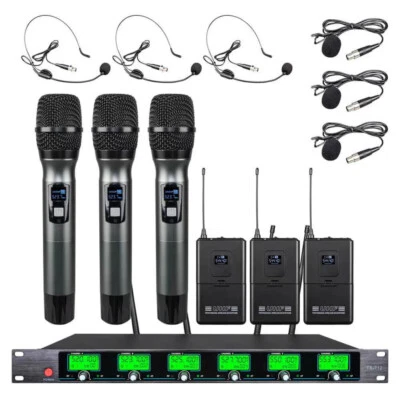 Wireless Microphone System 6 Channel UHF 3 Handheld 3 Headsets 3 Lavalier mic