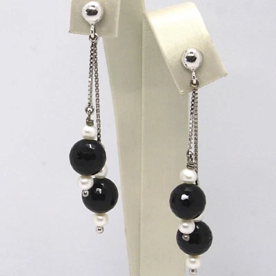 Pendientes Colgantes Oro Blanco 18K, Perlas Blancas, Ónix Negro Facetada - Imagen 1 de 4