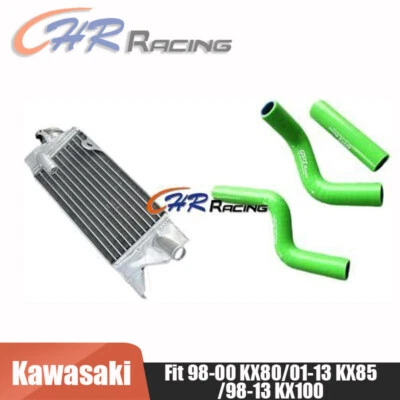 Radiador de aluminio 1998-2009 + manguera verde para Kawasaki KX80 KX85 KX100 2003 2004 05 Foto 1 de 4