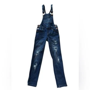 Justice Girls Distressed Denim Overalls - Size 8 - Trendy Destroyed Wash - Picture 1 of 9