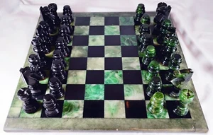 Used 14.5" x 14.5" Green and Black Marble CHESS SET Board + Pieces HEAVY Game - Picture 1 of 18