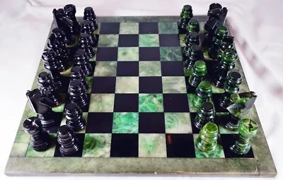 Used 14.5" x 14.5" Green and Black Marble CHESS SET Board + Pieces HEAVY Game - Image 1 of 4