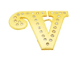 Initial V Letter v Western Belt Buckle Gold Metal Iced Style Rhinestones Womens - Picture 1 of 15