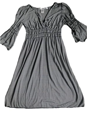 Vestido Max Studio Algodón Azul Marino Rayas Cuello en V Manga Campana 3/4 Talla XS Lindo Joven Foto 1 de 4