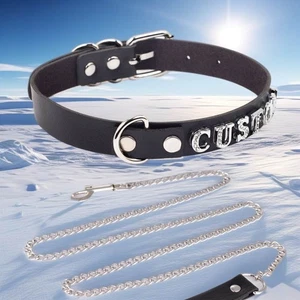 Chain Metal Leash Collar Choker BDSM Gift Punk Necklace Vegan Leather Custom - Picture 1 of 17